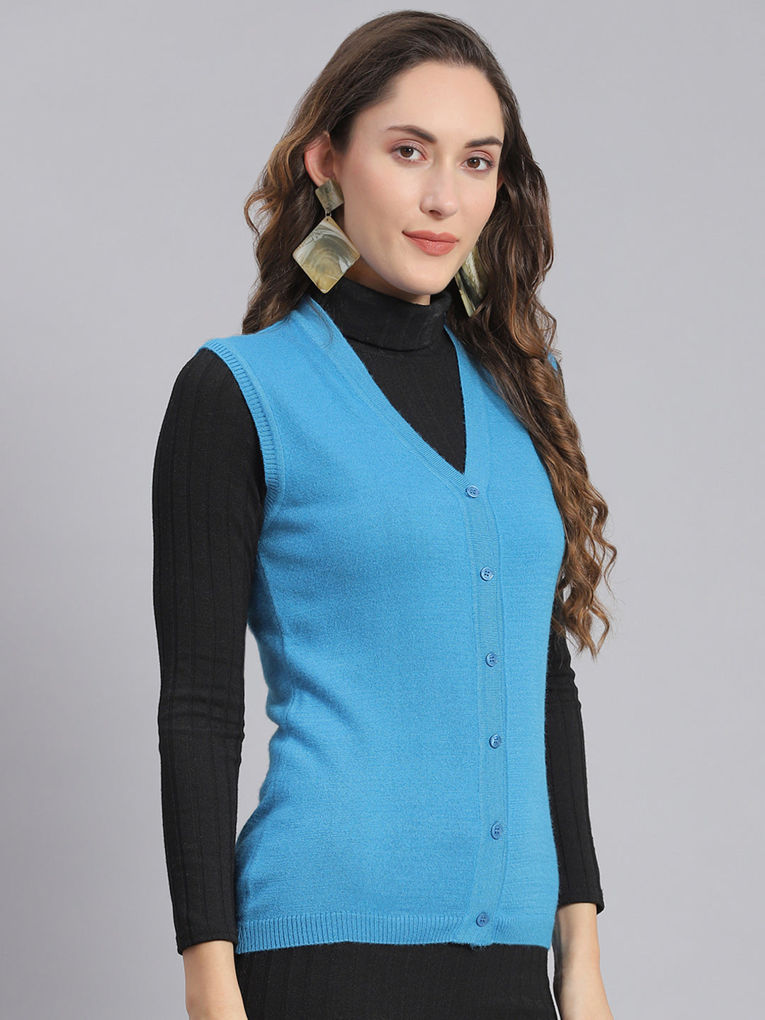 Women Blue Solid V Neck Sleeveless Cardigans