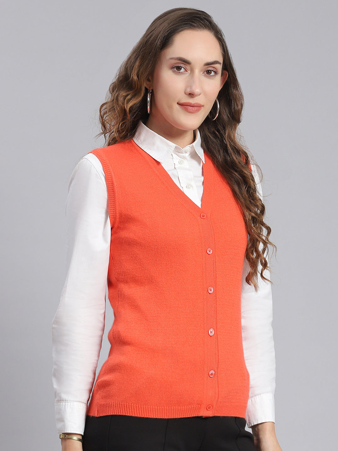 Women Orange Solid V Neck Sleeveless Cardigans