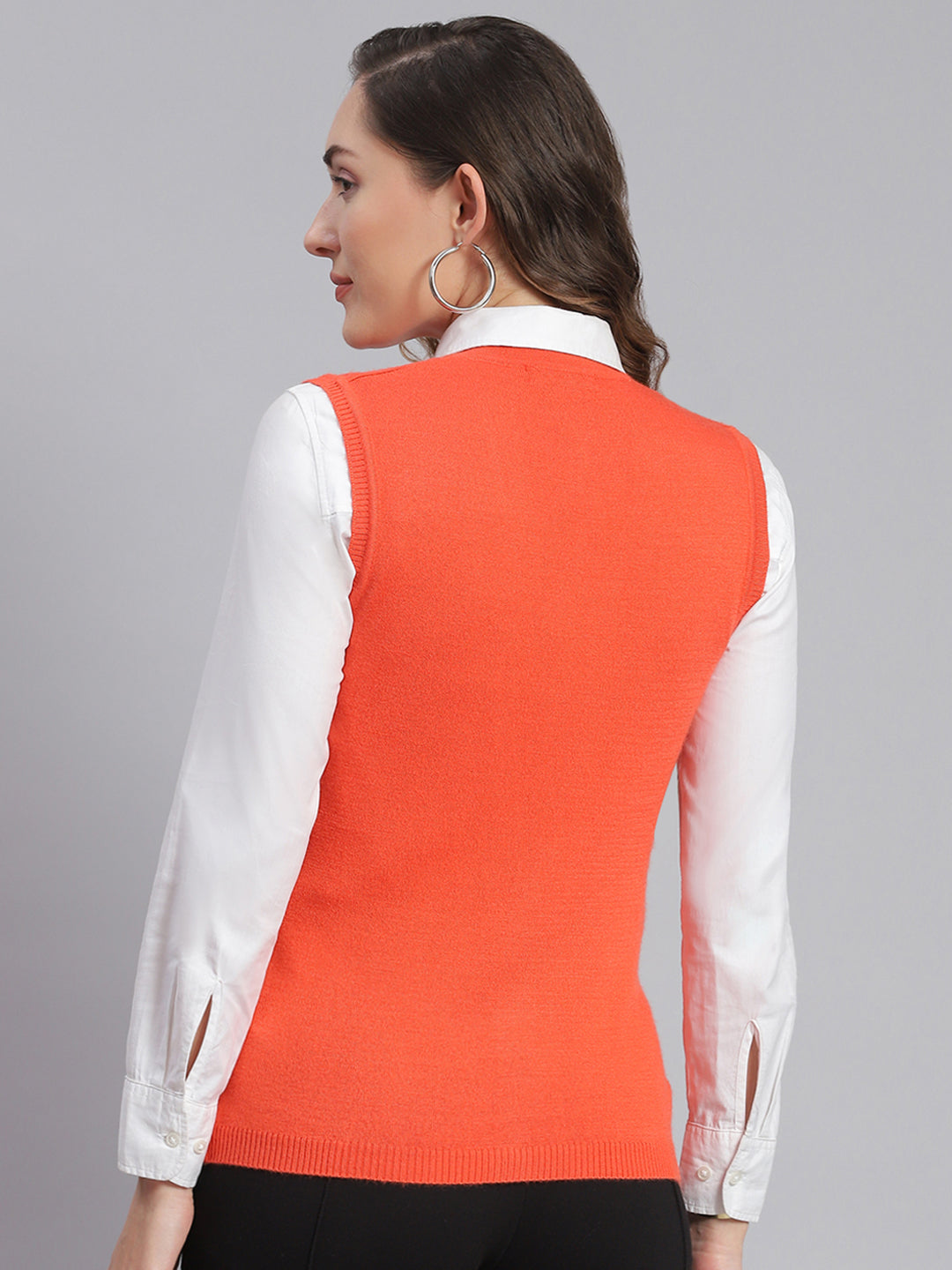 Women Orange Solid V Neck Sleeveless Cardigans