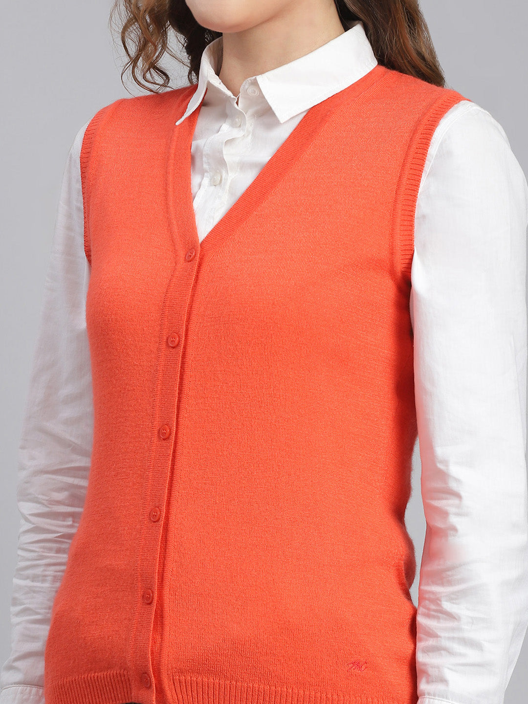 Women Orange Solid V Neck Sleeveless Cardigans