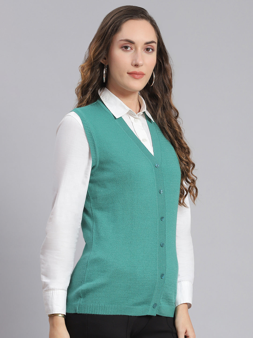 Women Teal Blue Solid V Neck Sleeveless Cardigans