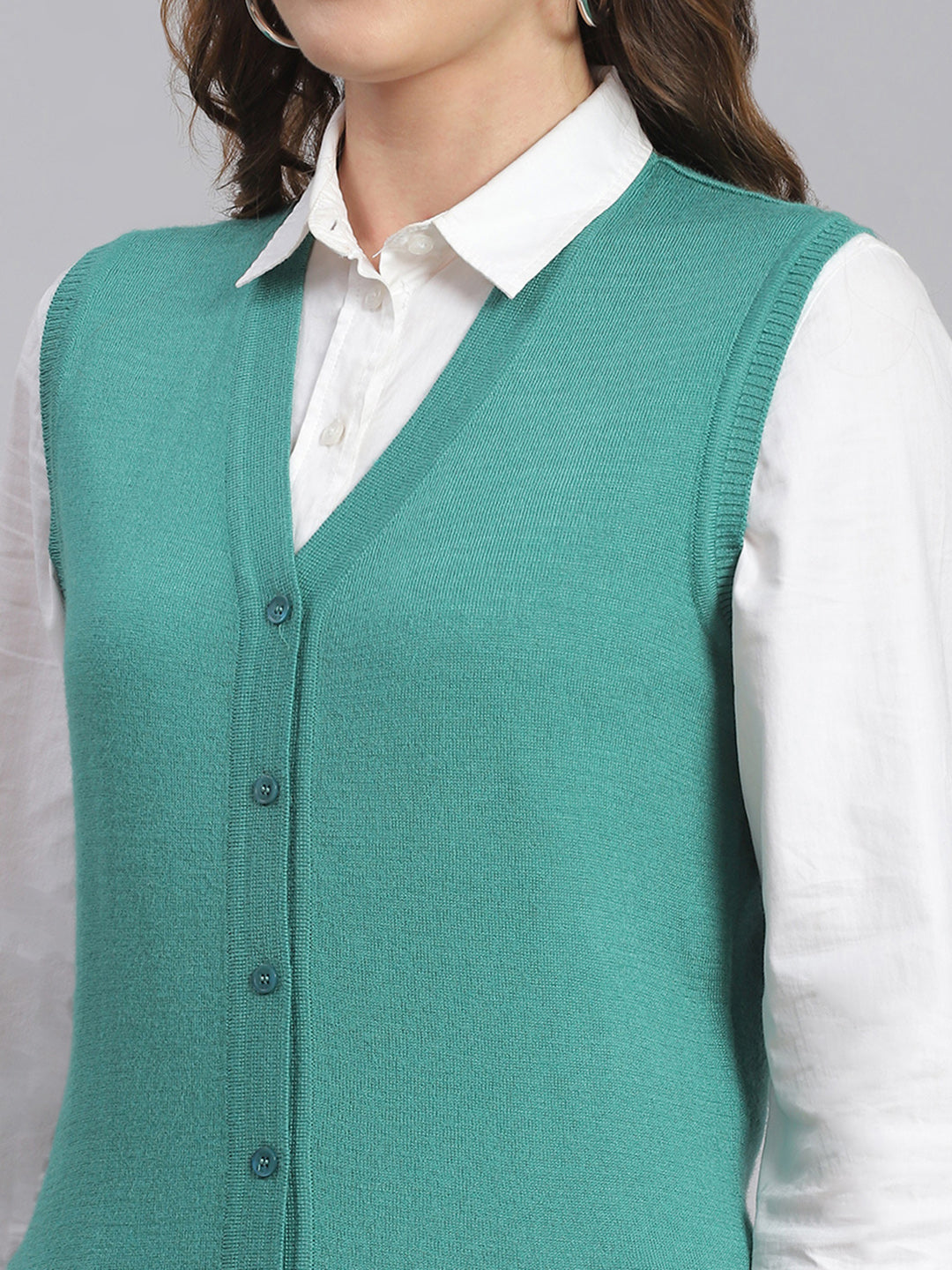 Women Teal Blue Solid V Neck Sleeveless Cardigans