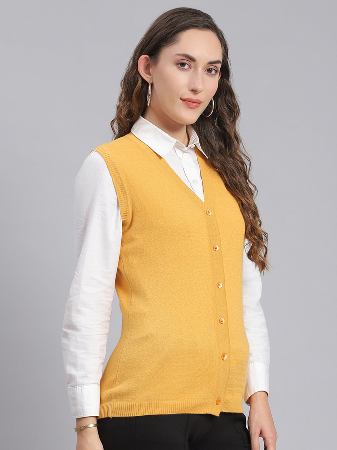 Women Yellow Solid V Neck Sleeveless Cardigans