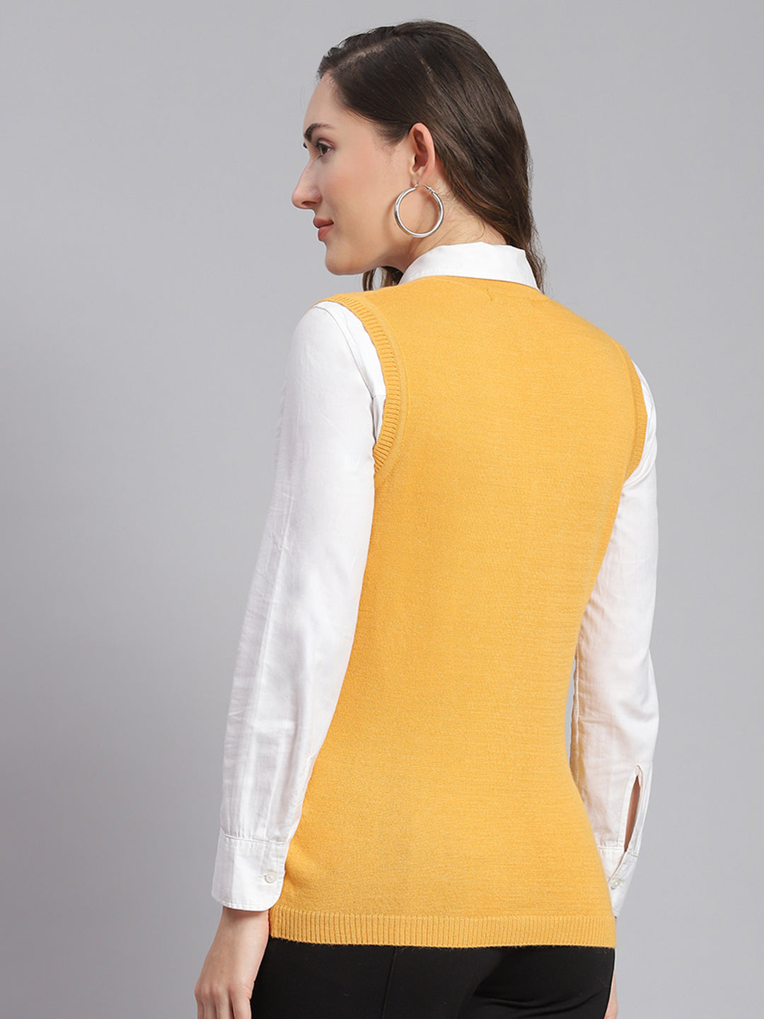 Women Yellow Solid V Neck Sleeveless Cardigans