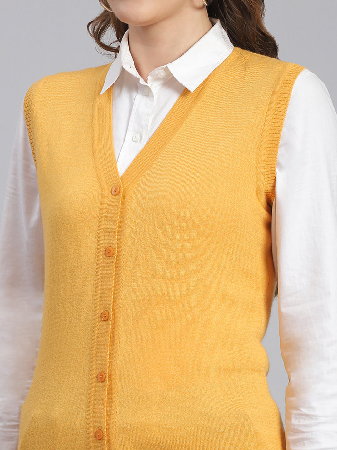 Women Yellow Solid V Neck Sleeveless Cardigans