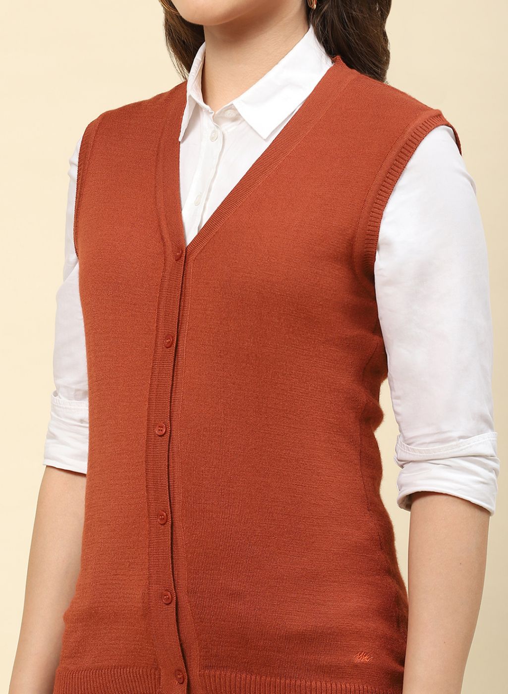 Women Rust Orange Solid Modal Nylone Cardigan