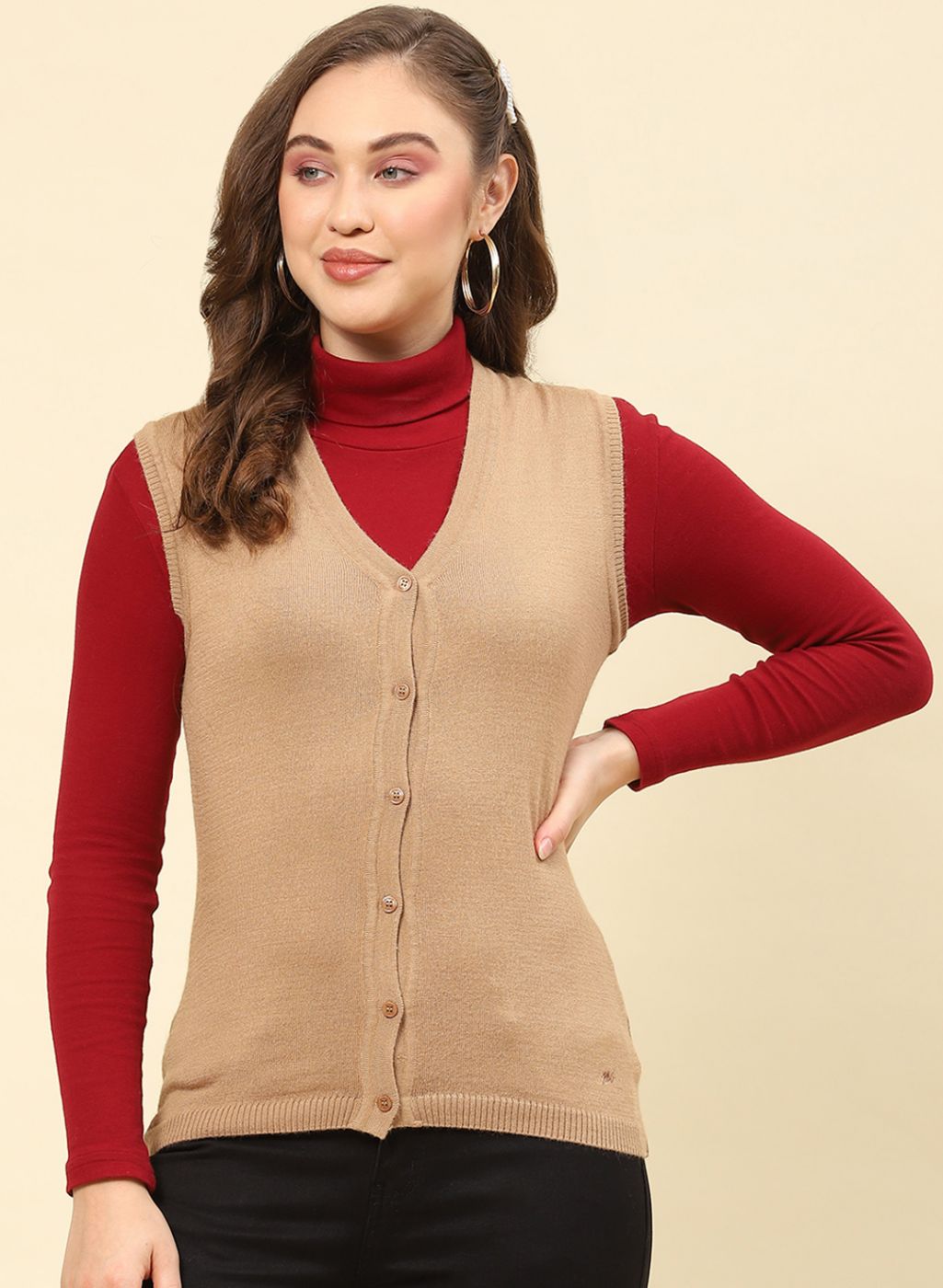 Women Camel Brown Solid Modal Nylone Cardigan