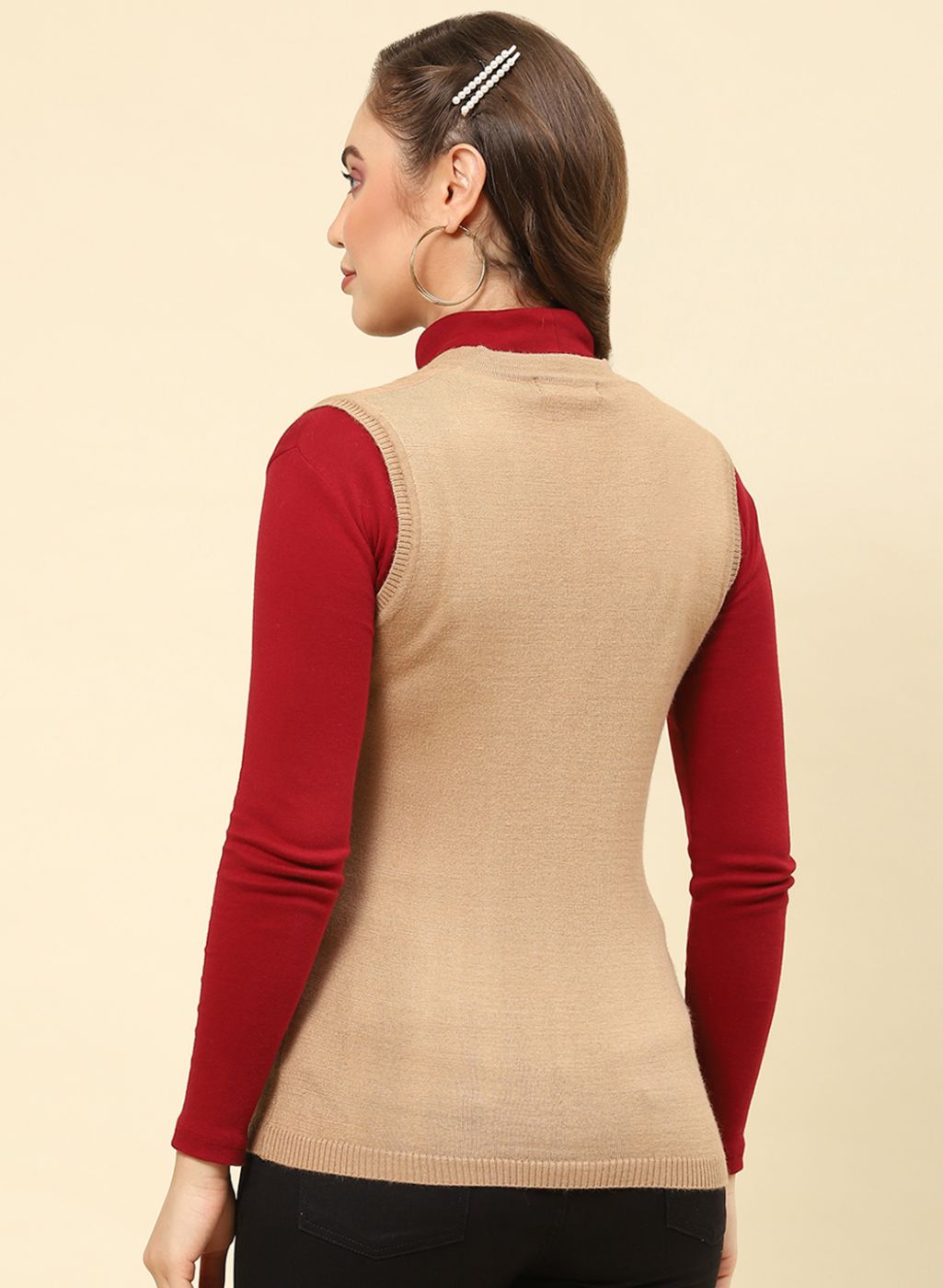 Women Camel Brown Solid Modal Nylone Cardigan