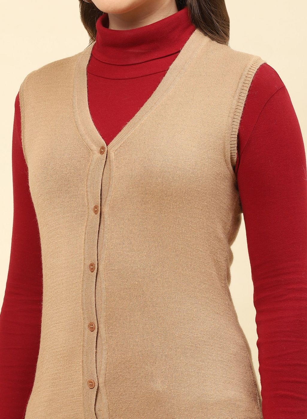 Women Camel Brown Solid Modal Nylone Cardigan