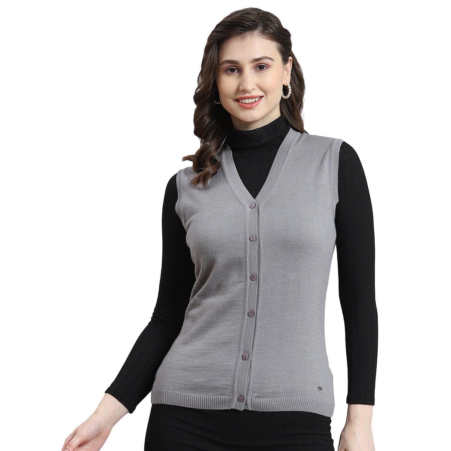 Women Grey Solid V Neck Sleeveless Cardigan