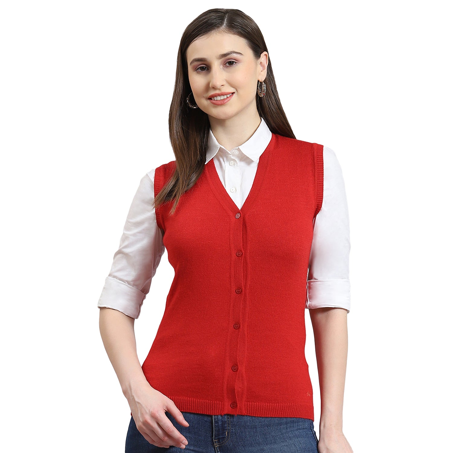 Women Red Solid Collar Sleeveless Cardigan