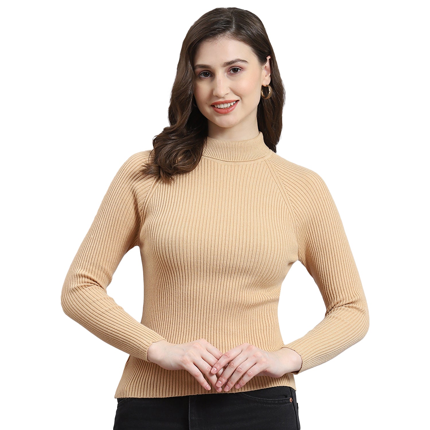 Women Brown Solid H Neck Full Sleeve Sweater