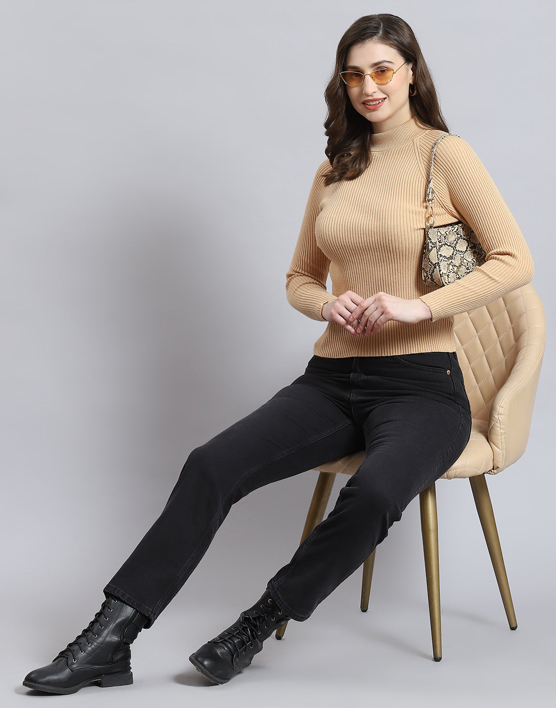 Women Brown Solid H Neck Full Sleeve Sweater