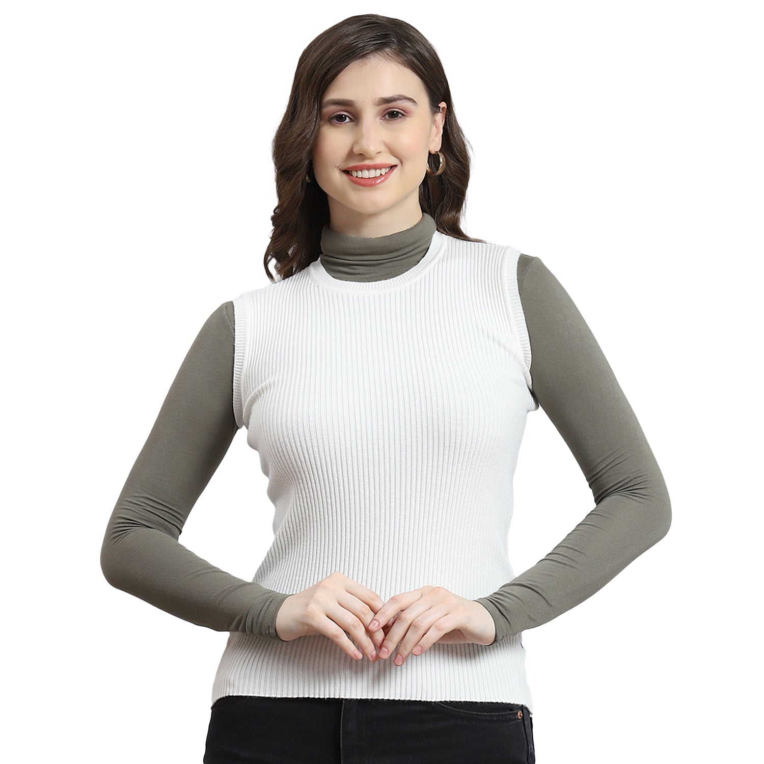 Women White Solid Round Neck Sleeveless Sweater