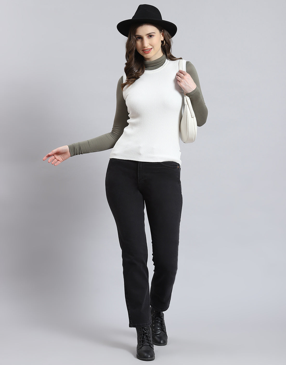 Women White Solid Round Neck Sleeveless Sweater