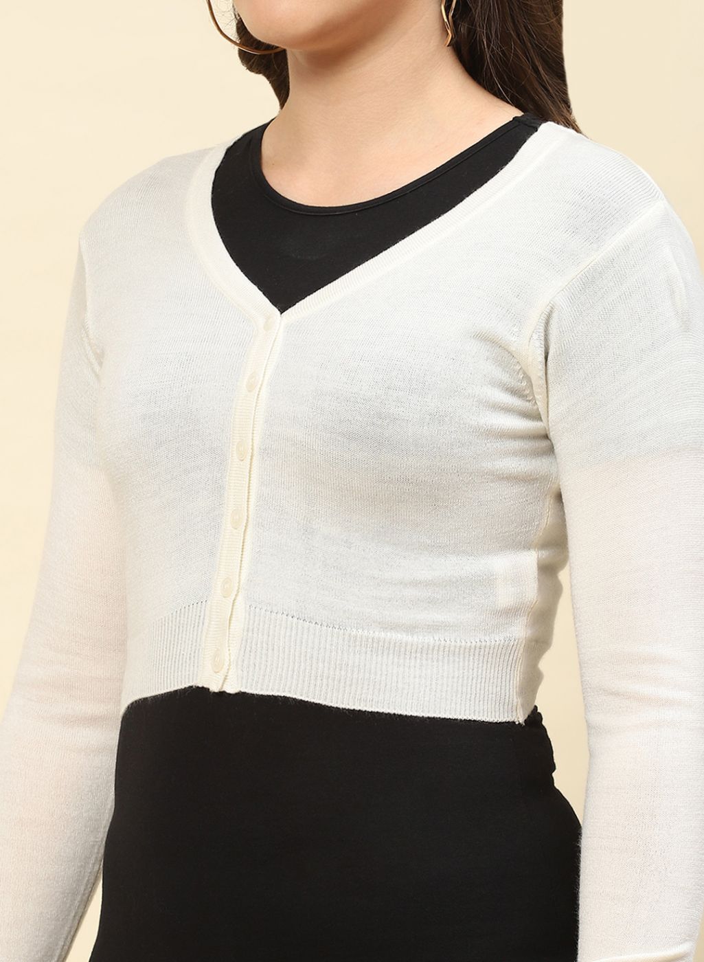 Women Off White Solid Blend wool Blouse