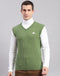 Men Green Self Design V Neck Sleeveless Sweaters/Pullovers