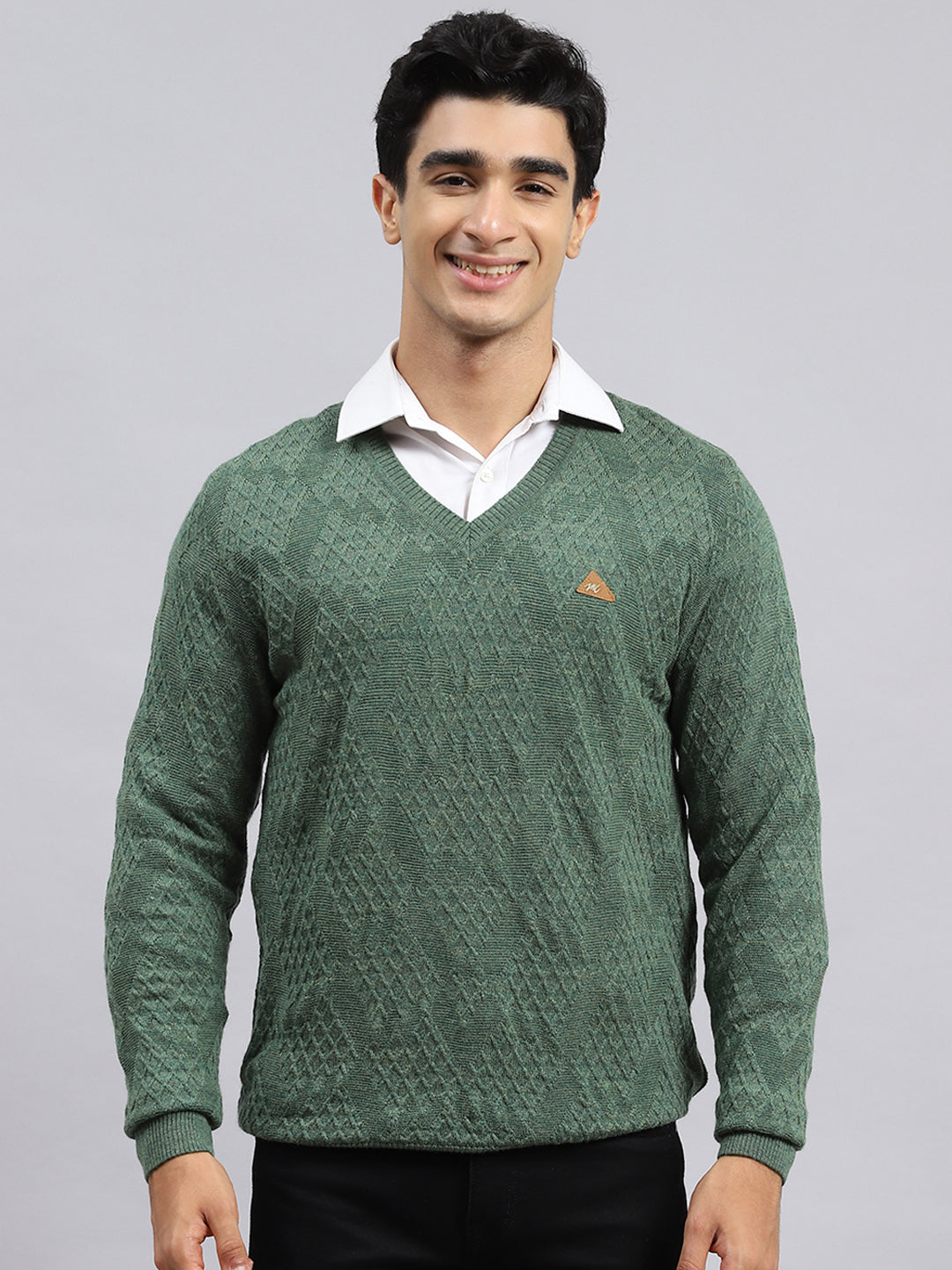 Men Green Self Pullover