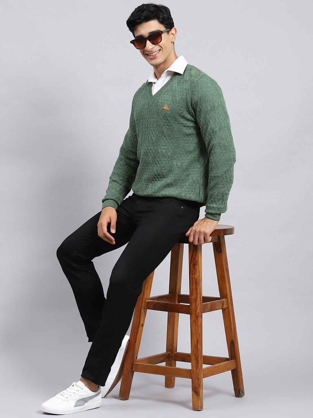 Men Green Self Pullover