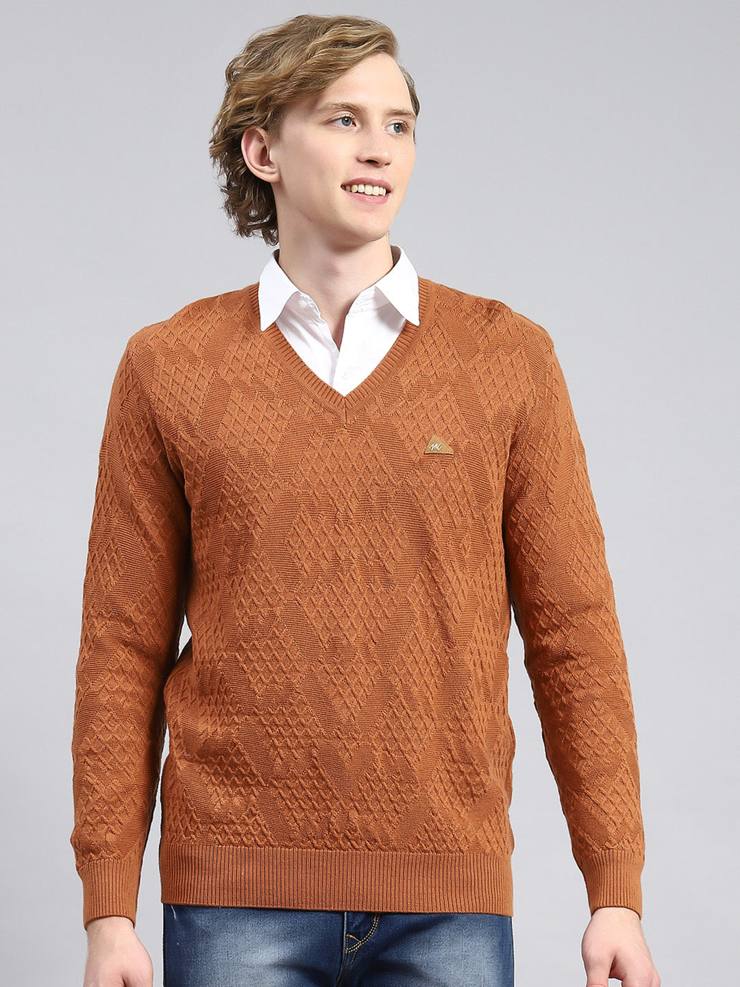 Men Brown Self Pullover