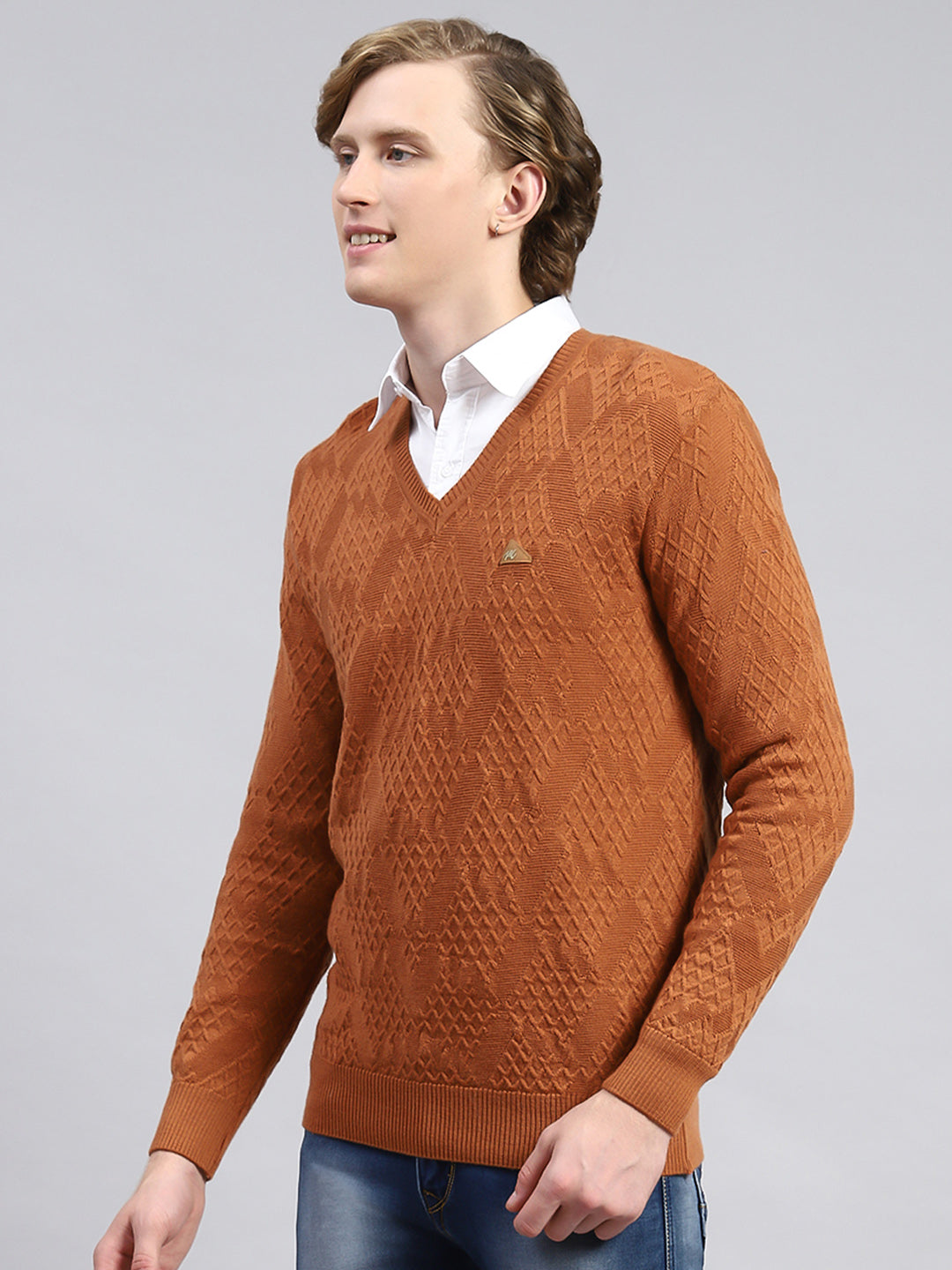 Men Brown Self Pullover