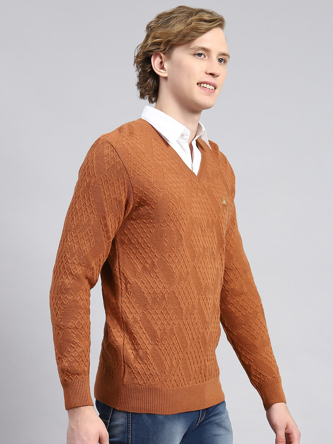 Men Brown Self Pullover