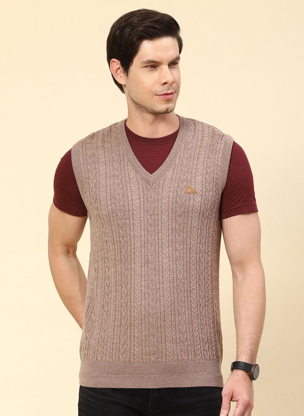 Men Beige Self Design Pure wool Sweater