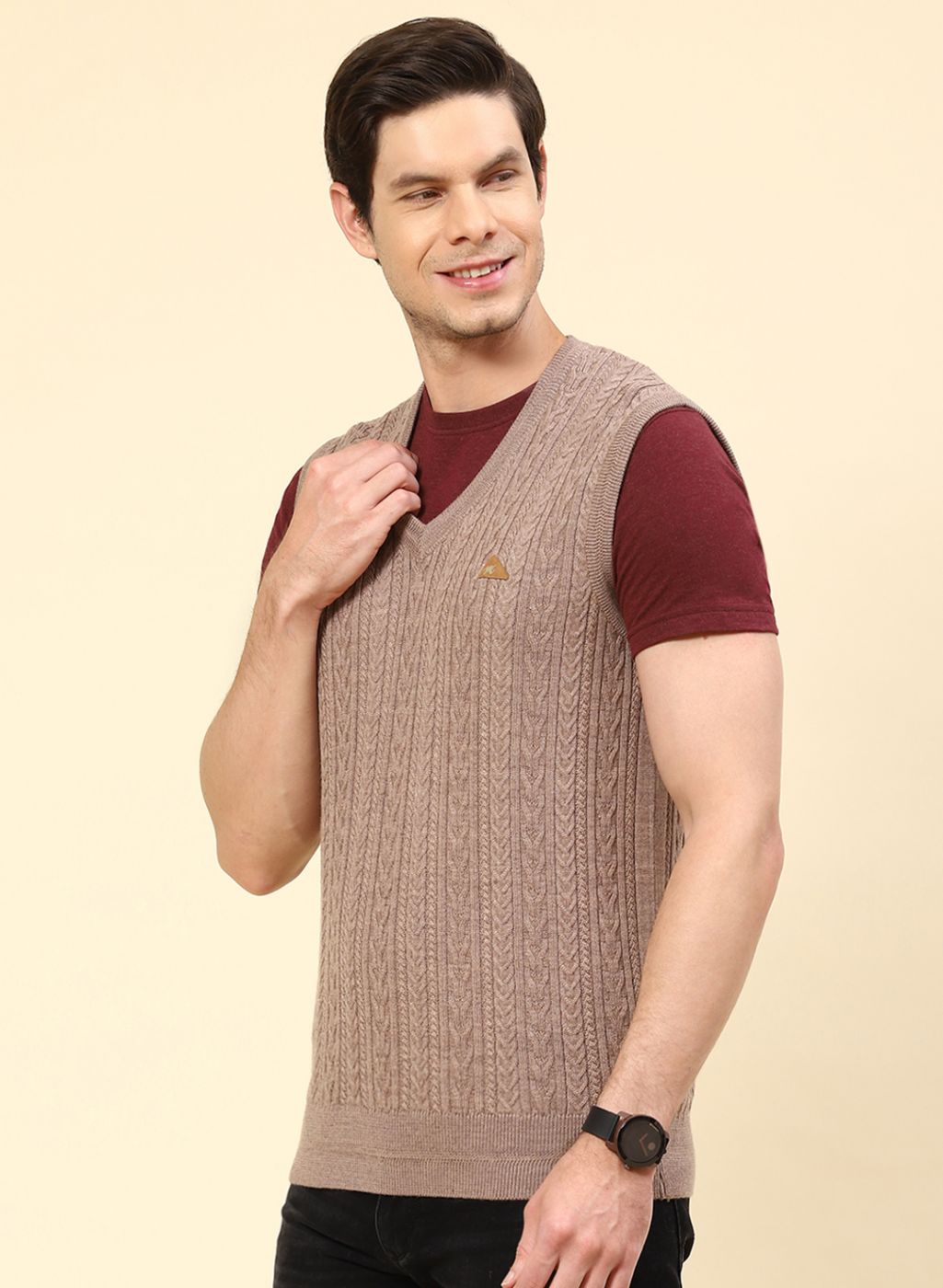 Men Beige Self Design Pure wool Sweater