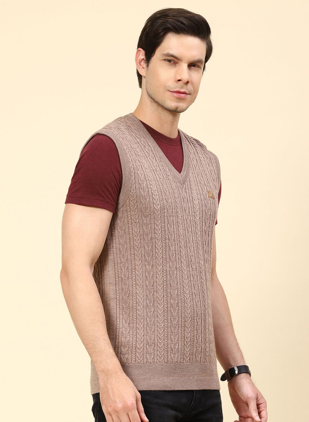 Men Beige Self Design Pure wool Sweater