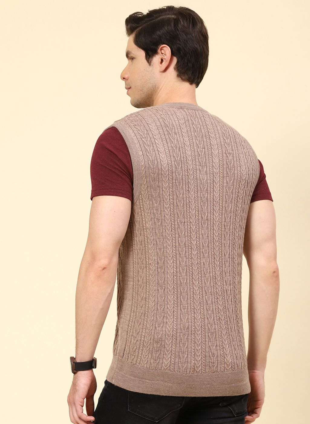 Men Beige Self Design Pure wool Sweater