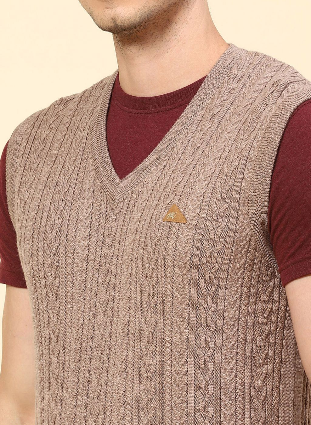 Men Beige Self Design Pure wool Sweater