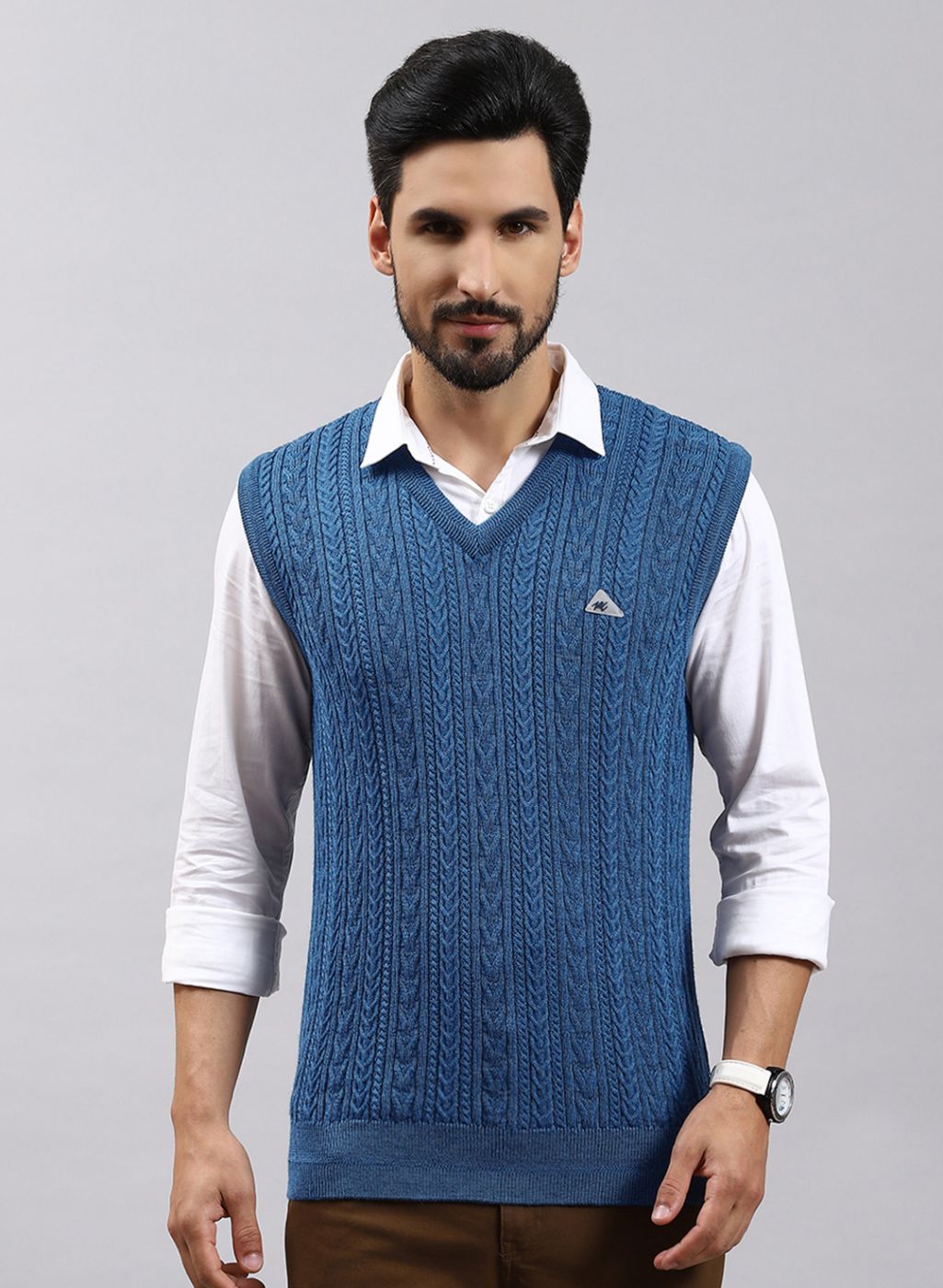 Men Blue Self Design Pure wool Sweater