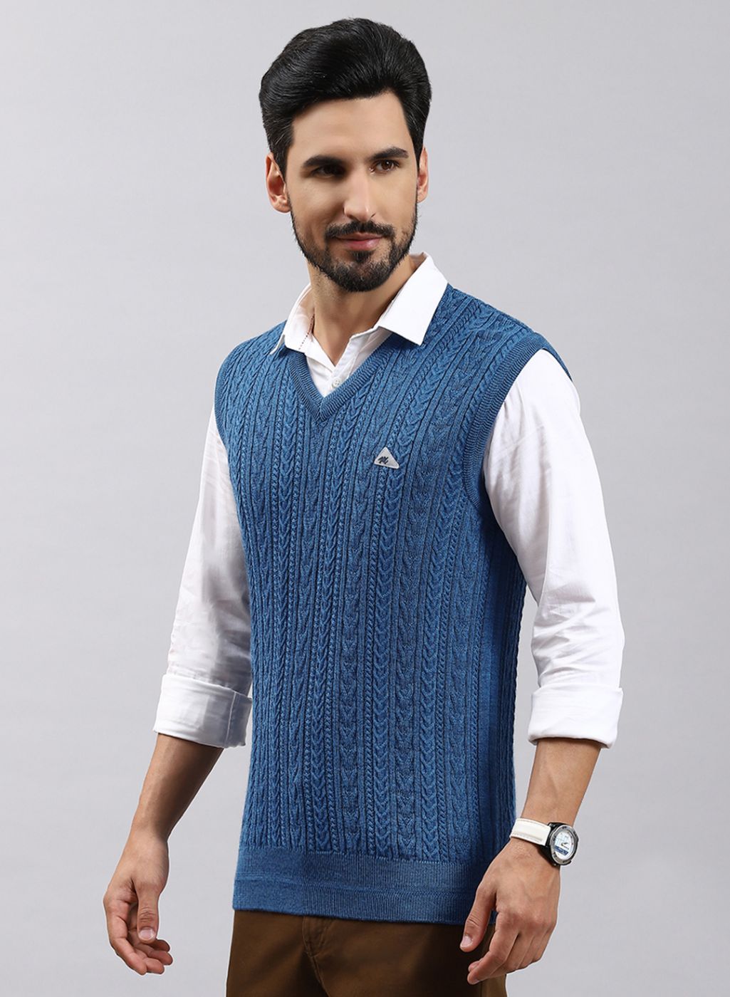 Men Blue Self Design Pure wool Sweater