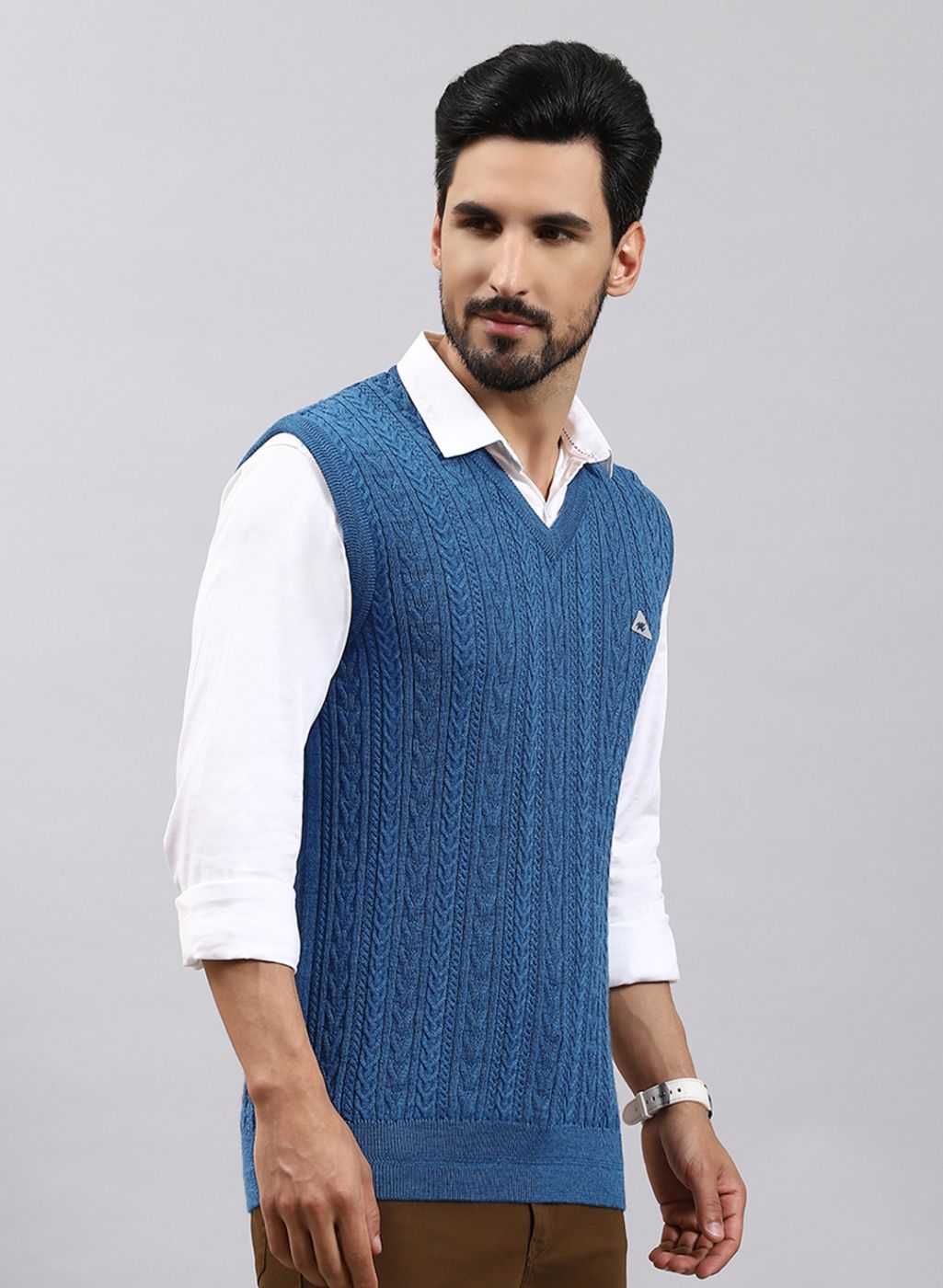 Men Blue Self Design Pure wool Sweater