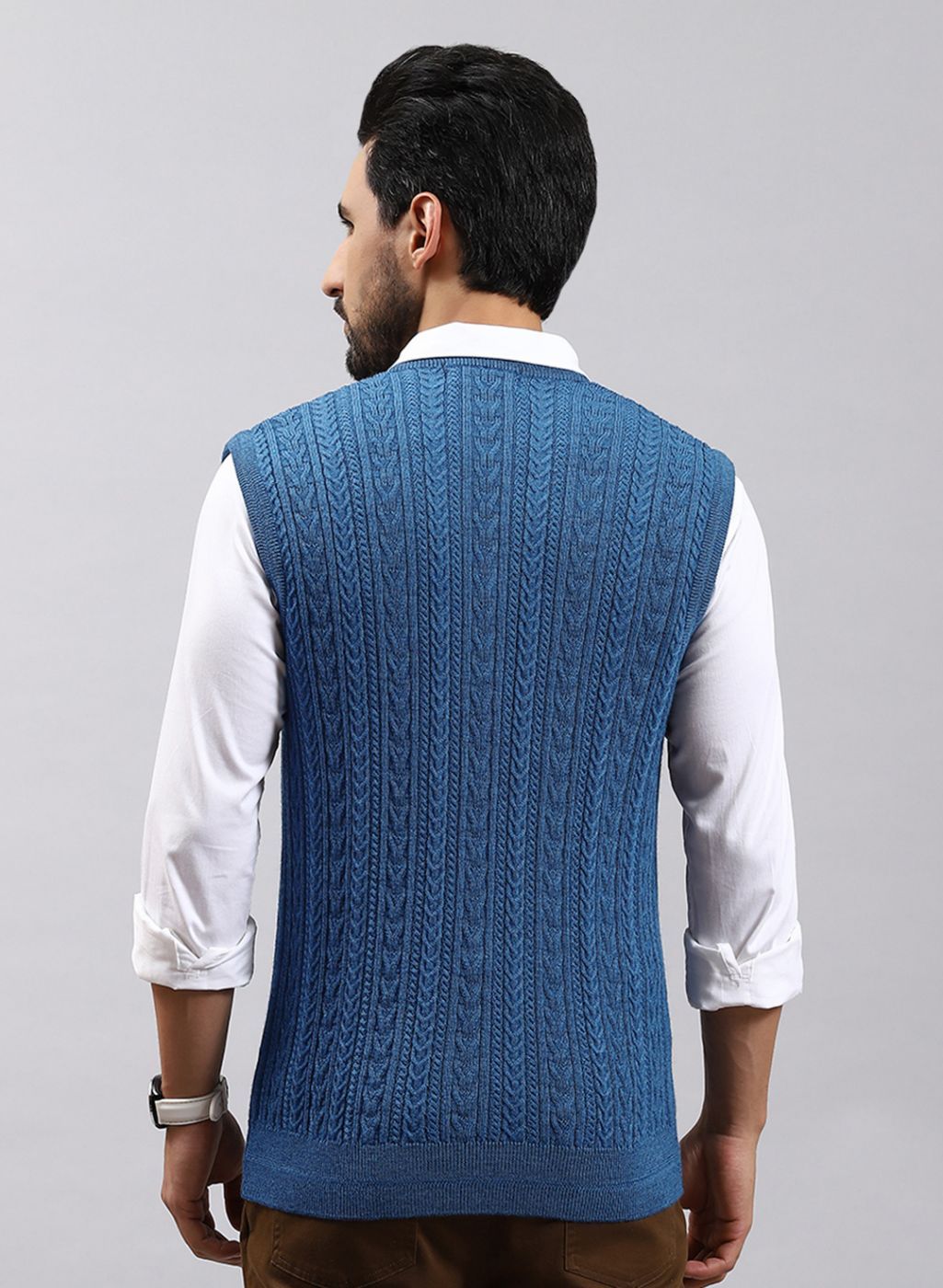 Men Blue Self Design Pure wool Sweater