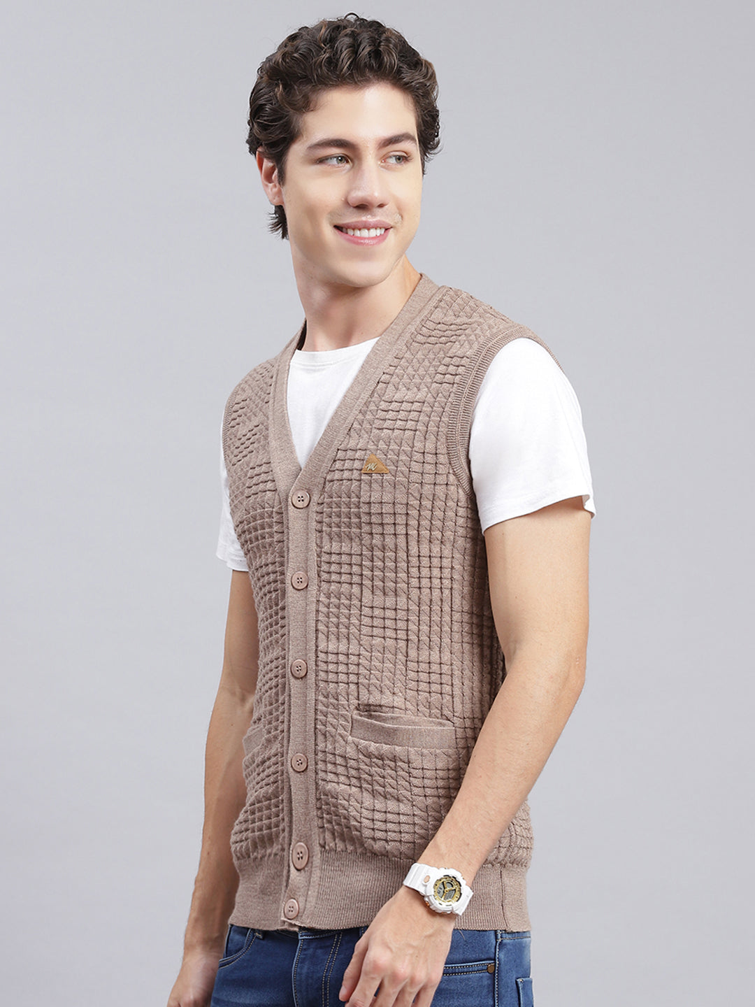 Men Beige Self Design Pure wool Cardigan