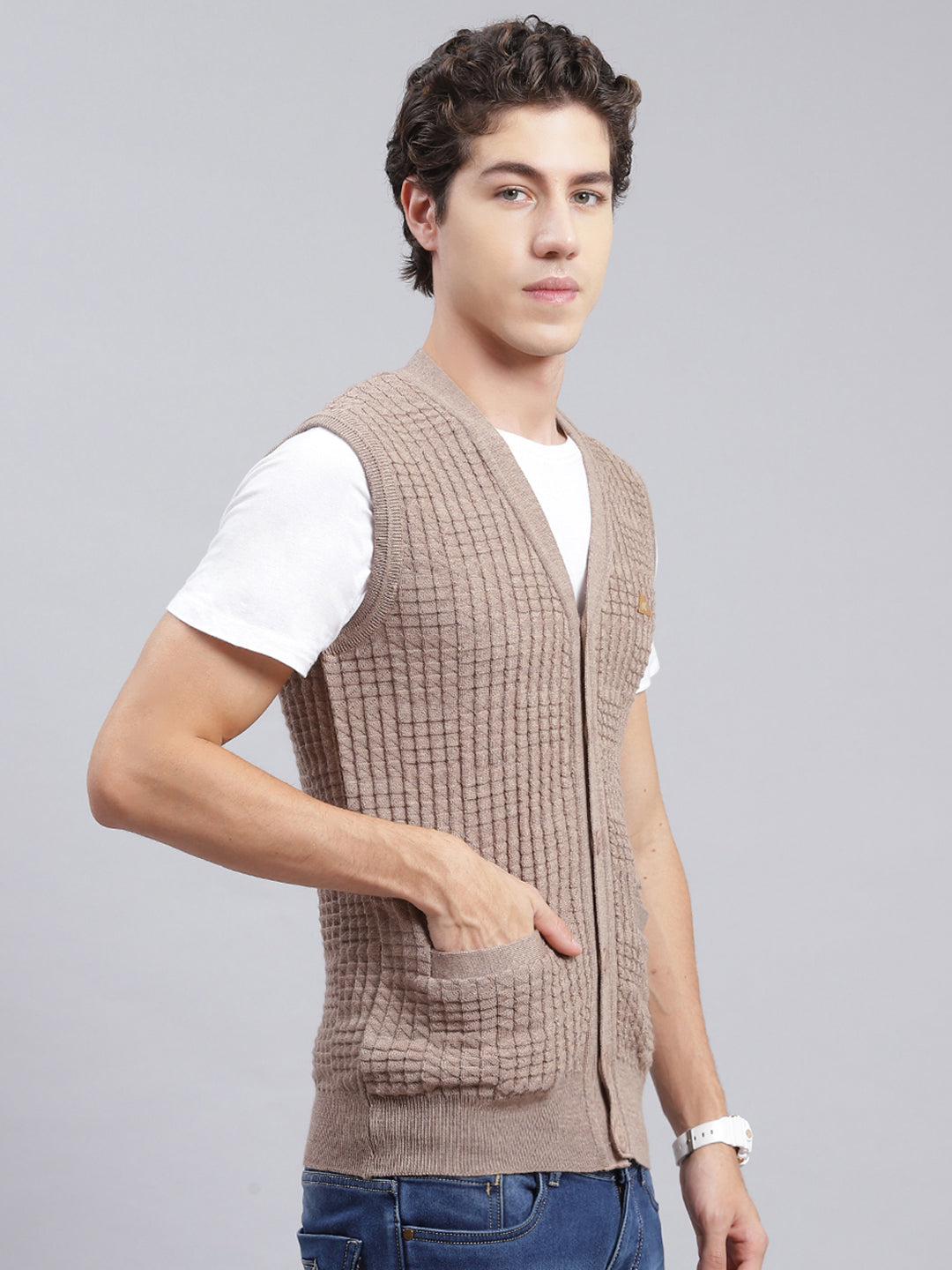 Men Beige Self Design Pure wool Cardigan