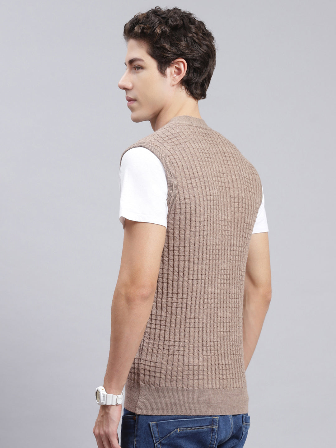 Men Beige Self Design Pure wool Cardigan