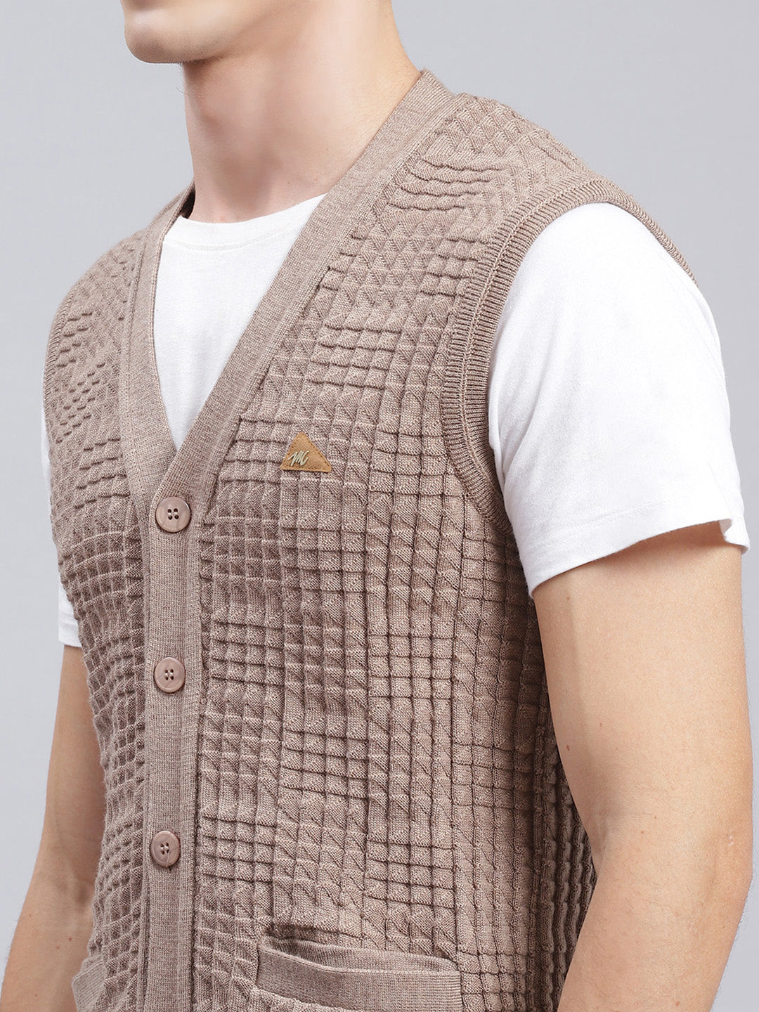 Men Beige Self Design Pure wool Cardigan