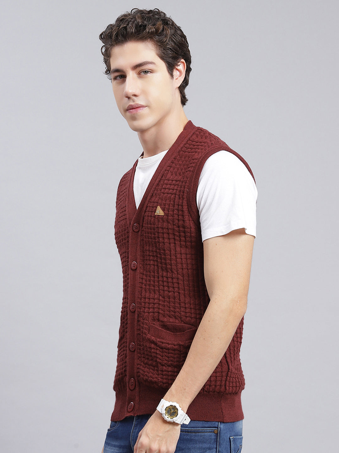 Men Maroon Self Design Pure wool Cardigan