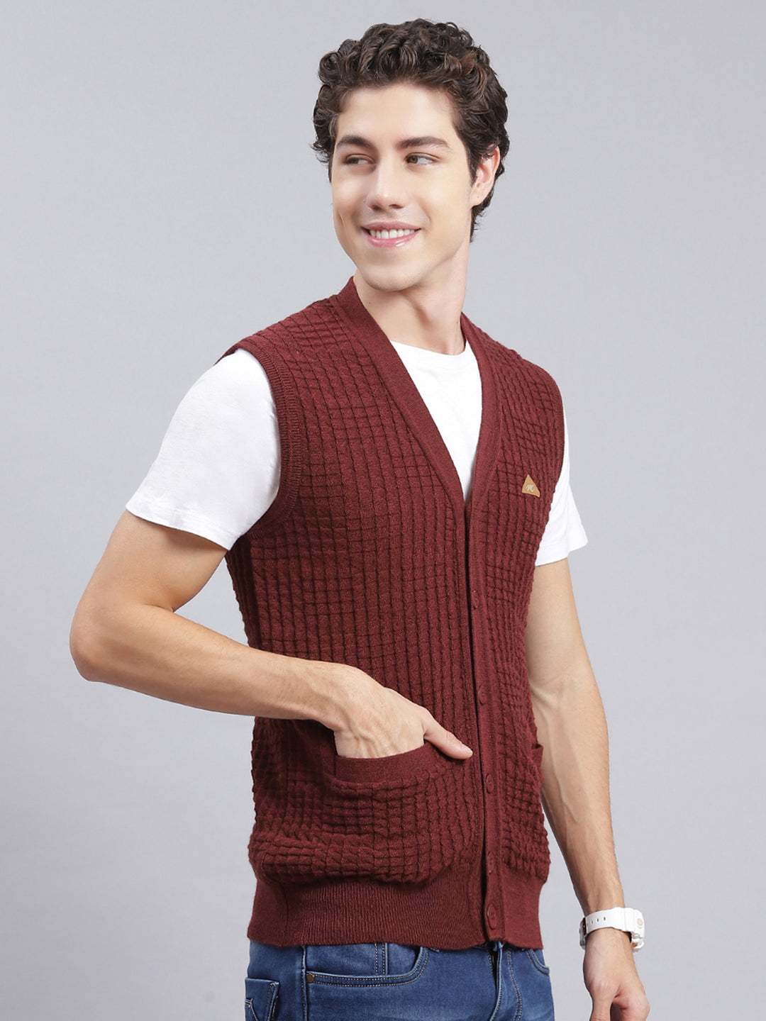 Men Maroon Self Design Pure wool Cardigan