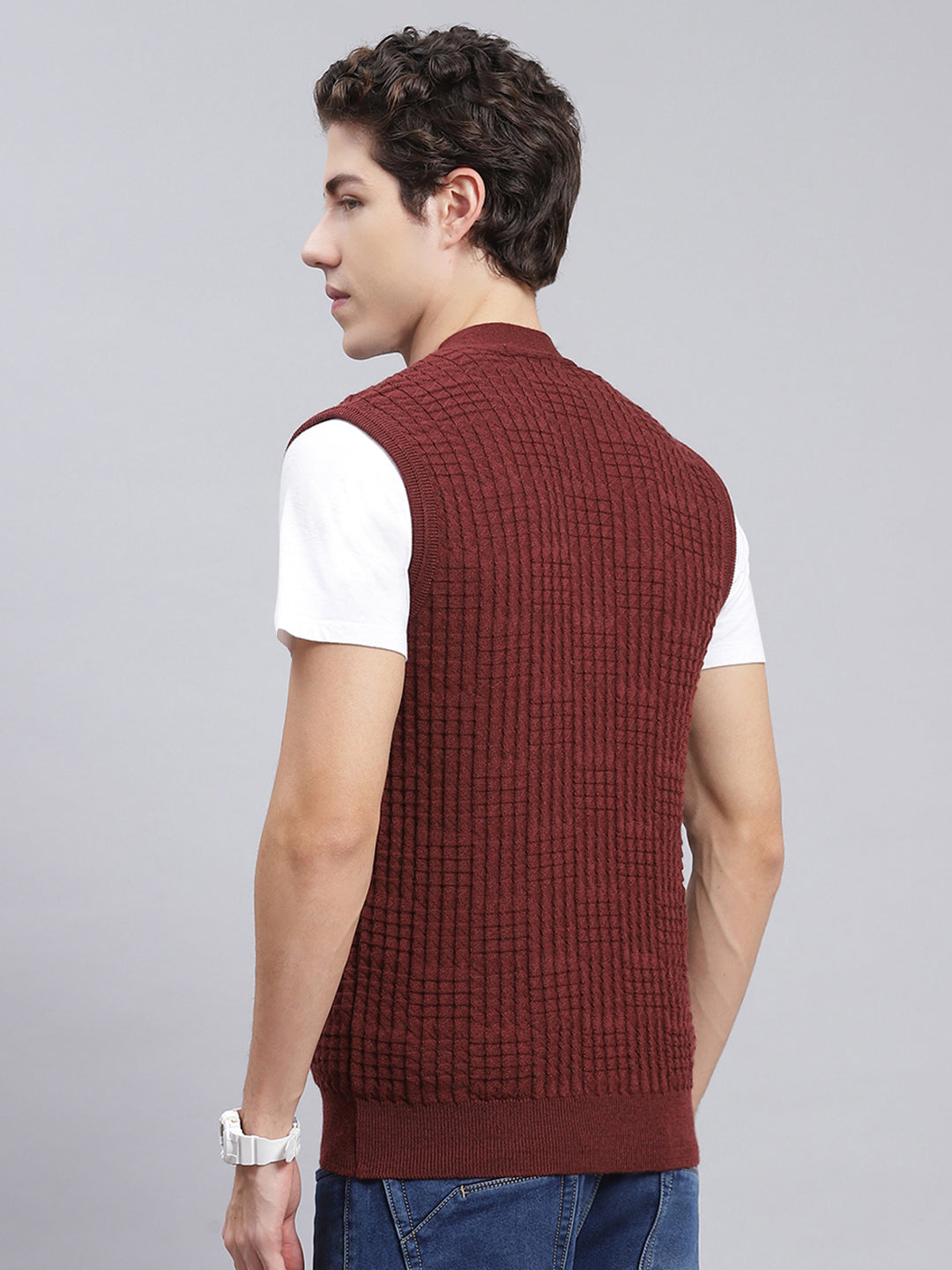 Men Maroon Self Design Pure wool Cardigan