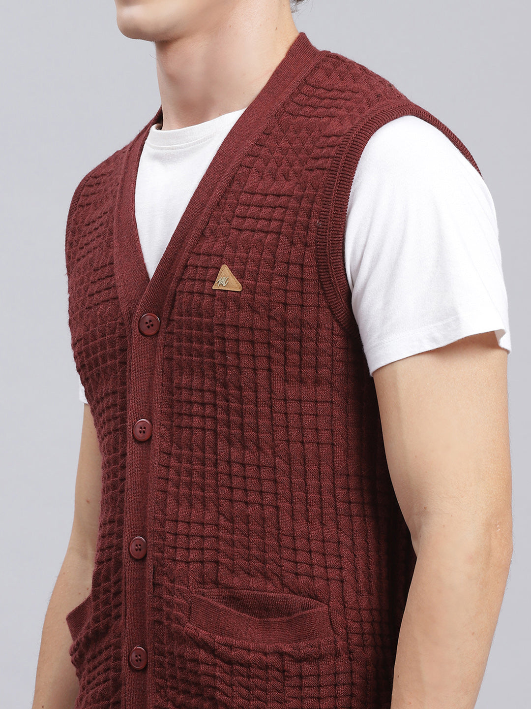 Men Maroon Self Design Pure wool Cardigan