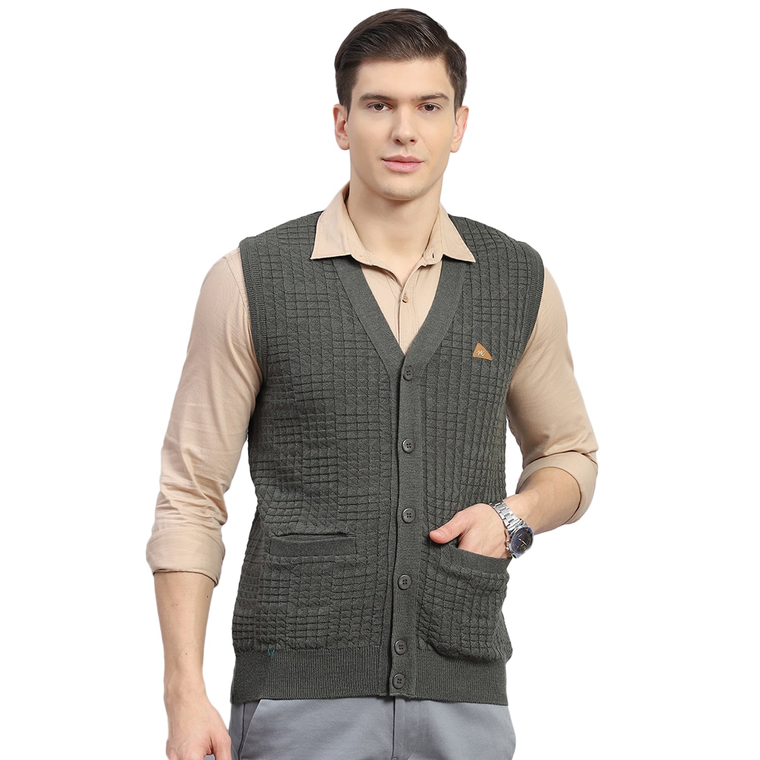 Men Olive Self Design V Neck Sleeveless Sweater