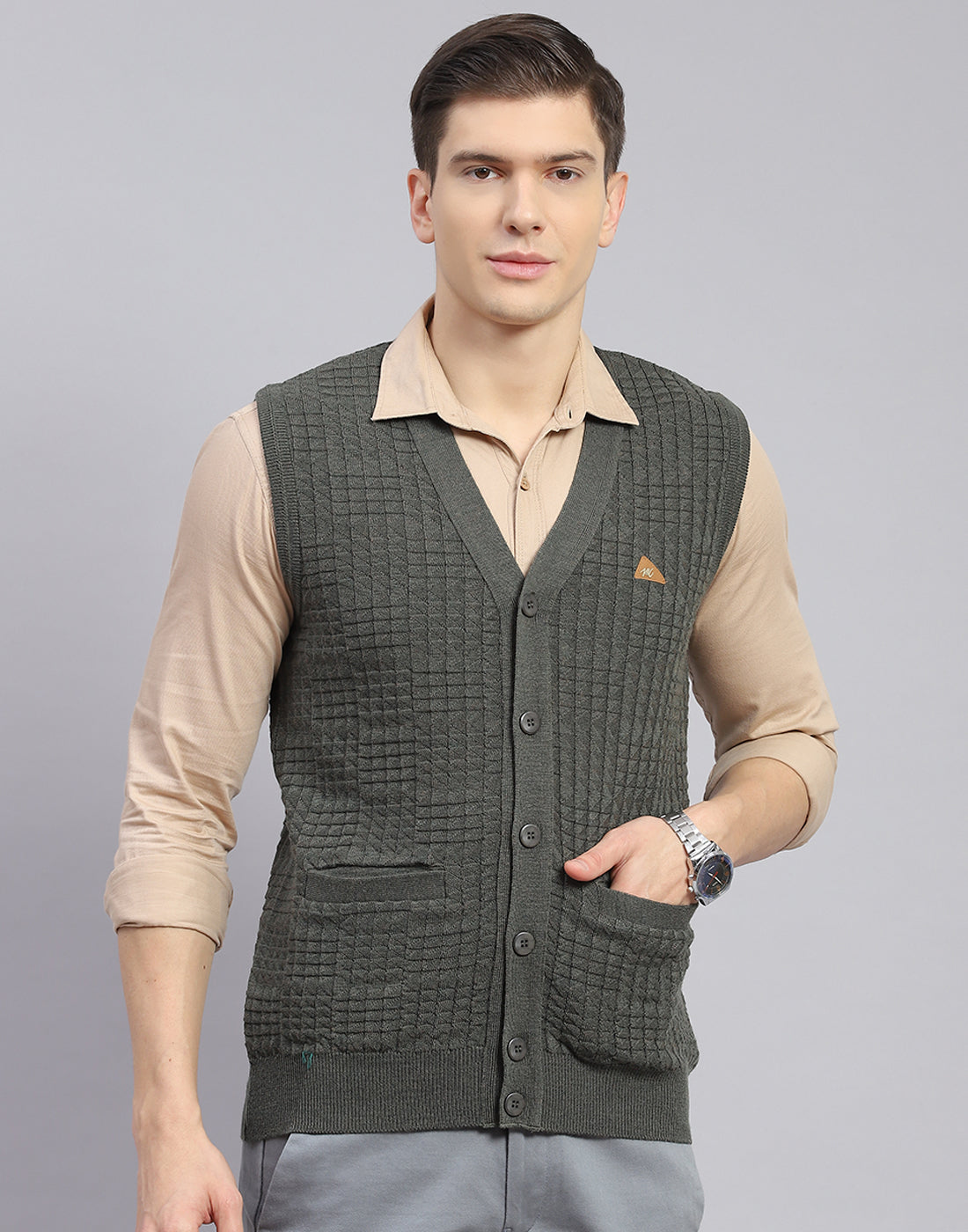 Men Olive Self Design V Neck Sleeveless Sweater