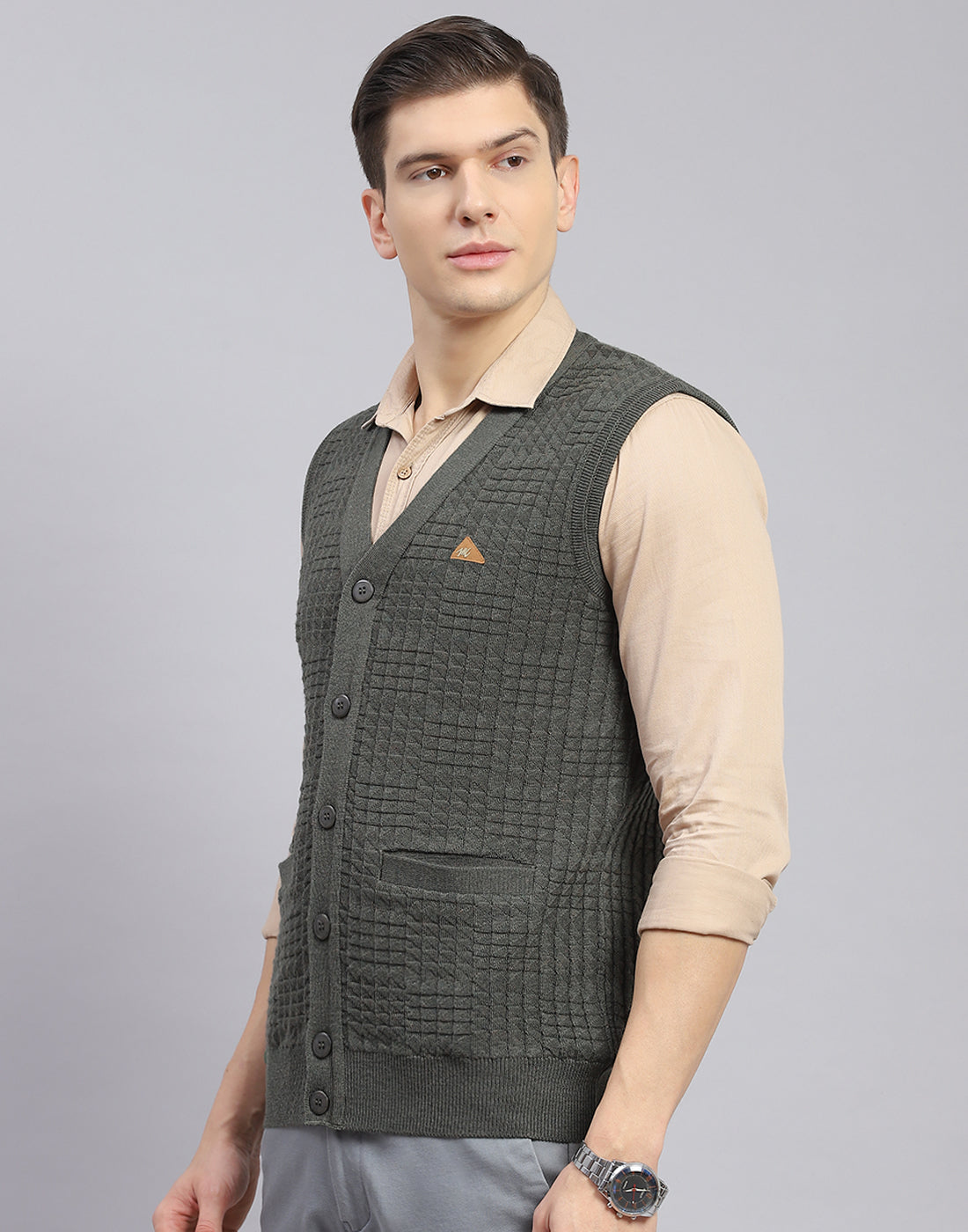 Men Olive Self Design V Neck Sleeveless Sweater