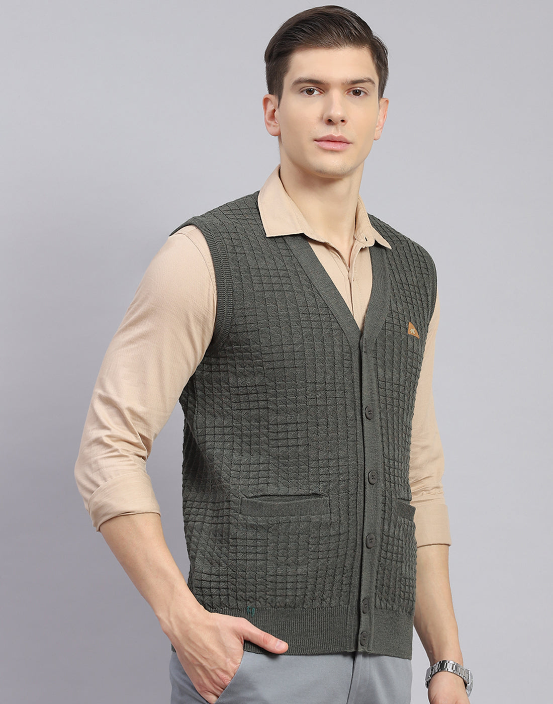 Men Olive Self Design V Neck Sleeveless Sweater