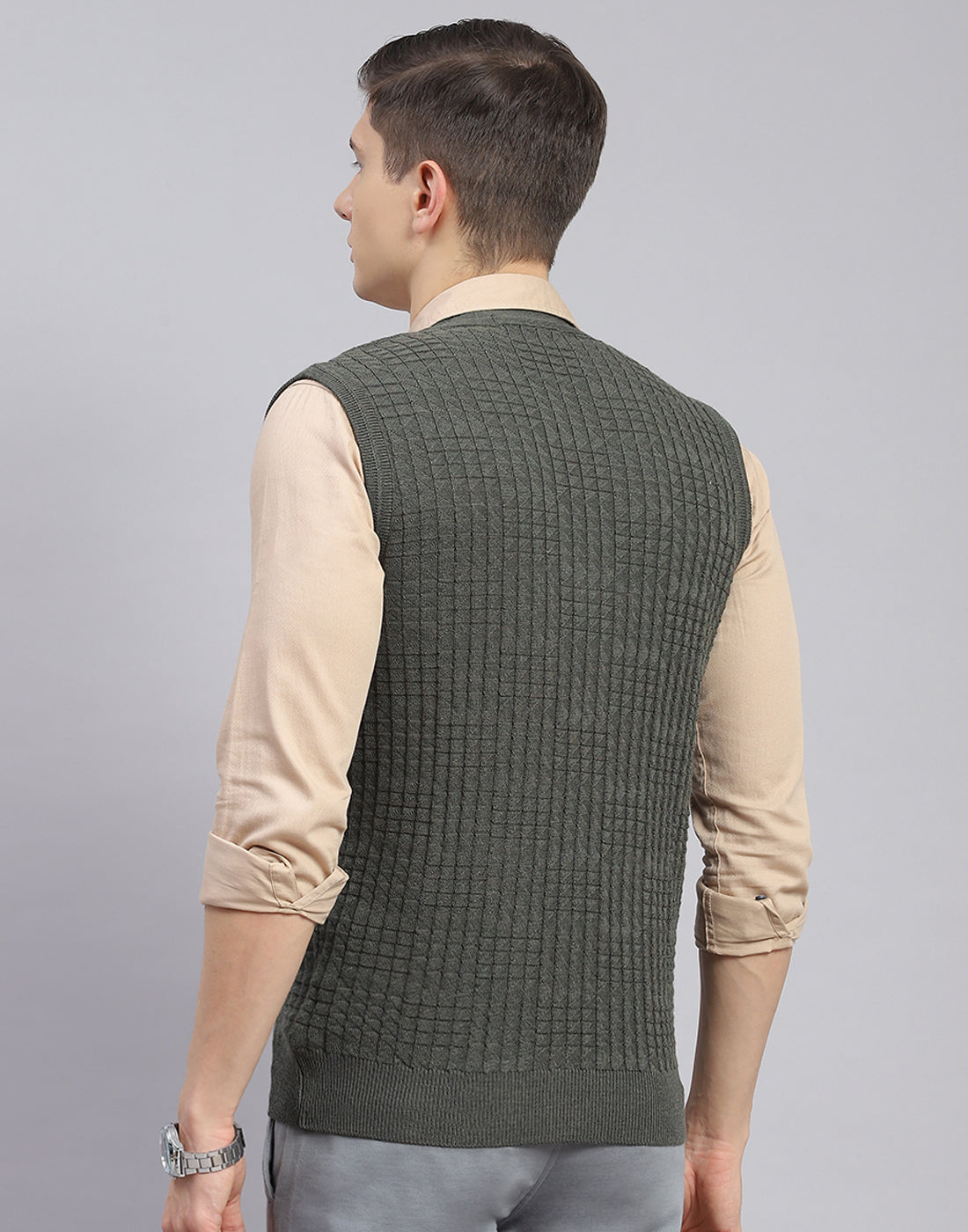 Men Olive Self Design V Neck Sleeveless Sweater