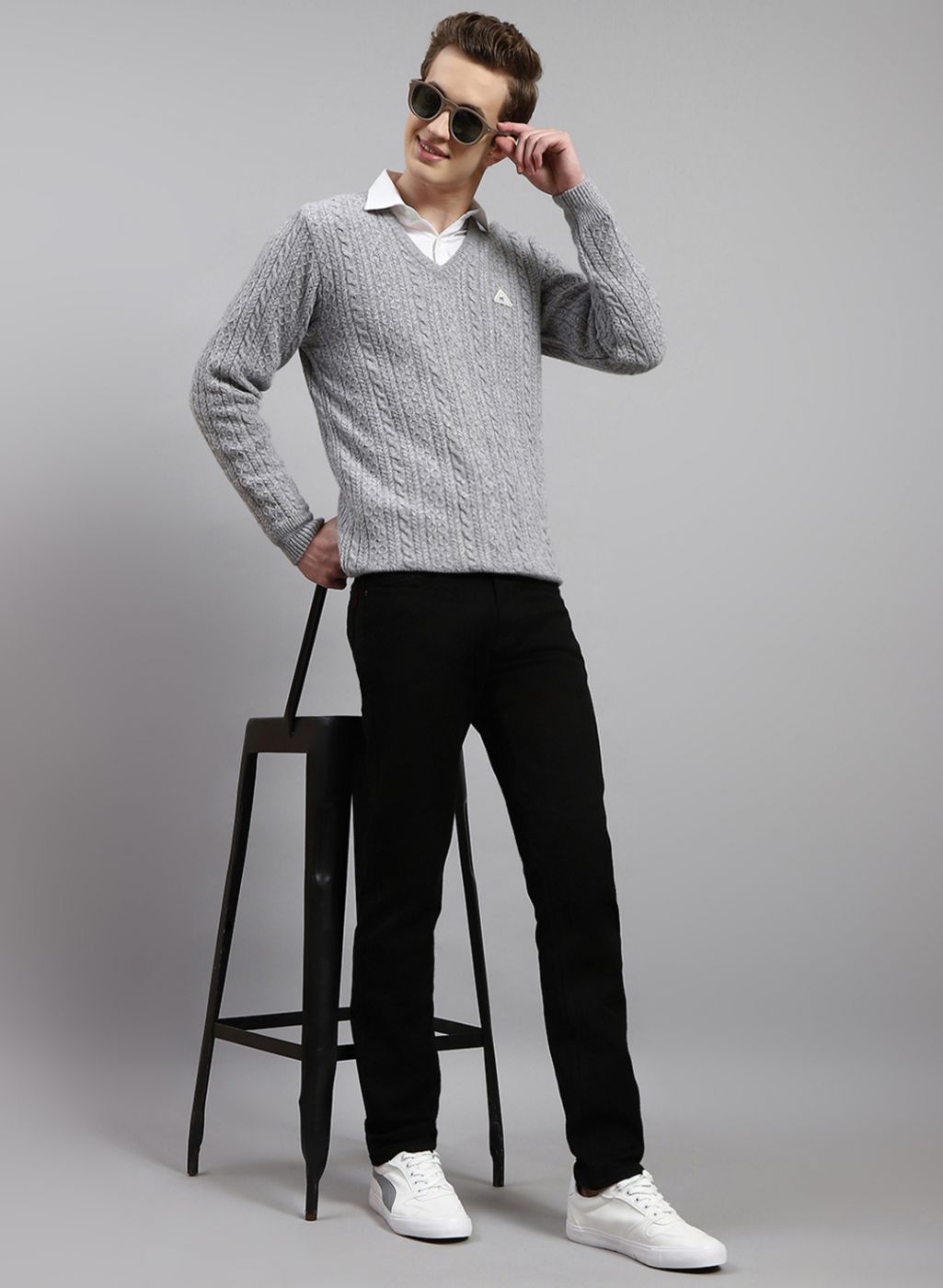 Men Grey Self Design Lamb wool Pullover