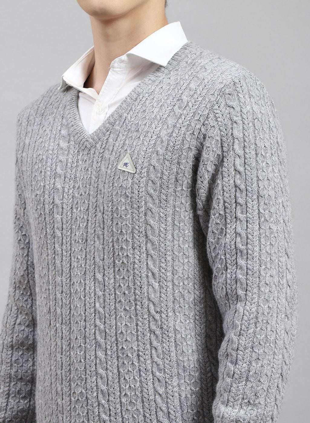 Men Grey Self Design Lamb wool Pullover